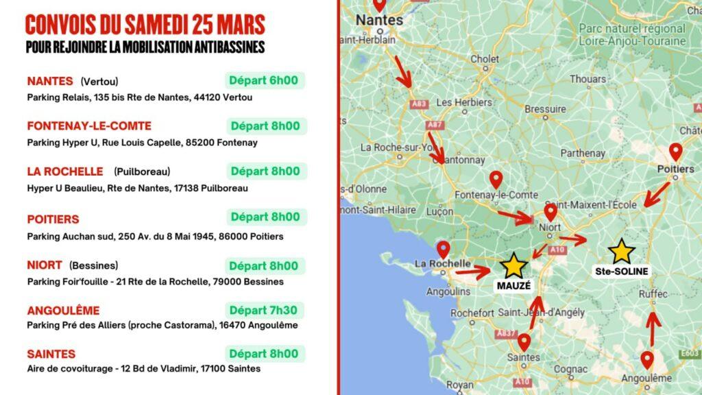 Plusieurs convois sont annoncés demain matin pour rejoindre la mobilisation anti-bassines, le premier part dès 6h de Nantes.1️ NANTES (Vertou), départ à 06h00 du matin : RDV au Parking Relais 
